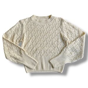 Cream Lace Pattern Knit Crew Neck Sweater